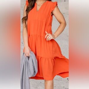 Flutter trim tiered midi dress - orange - small - Staccato